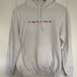 White hoody with rainbow embroidered slogan